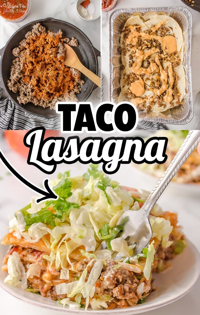 Taco Lasagna is a delicious, easy dinner with layers of beef, tortillas and seasoning, all topped with a homemade cheese sauce