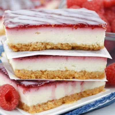 The white chocolate raspberry bars stacked on each other.