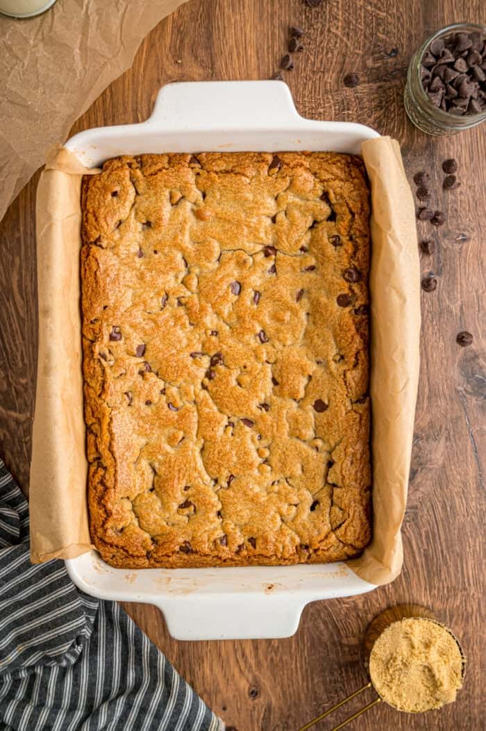 Overhead view of a pan of chocolate chip cookie bars