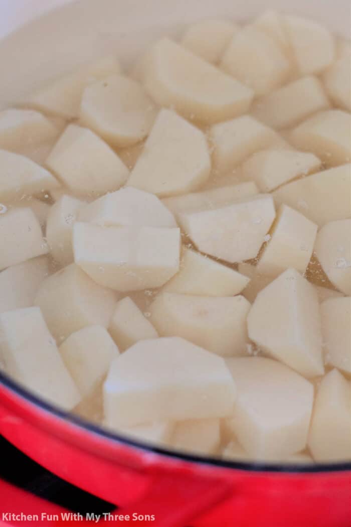 Chunks of potatoes in a pot of water