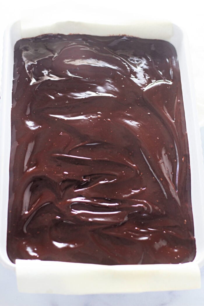 Chocolate ganache in a brownie pan