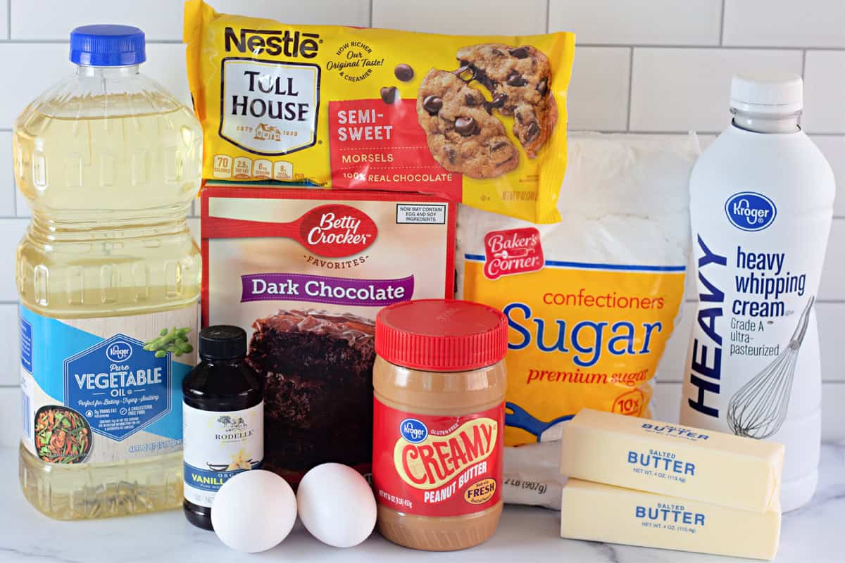 Front view of ingredients needed to make buckeye brownies