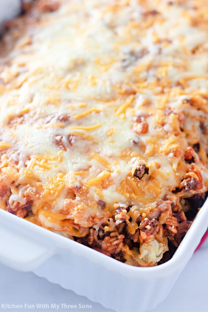freshly baked casserole with melted cheese.