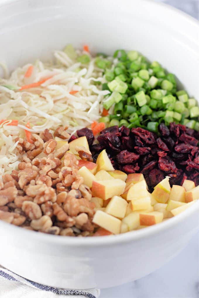walnuts, apples, dried cranberries, green onion, and coleslaw mix in a large white mixing bowl.