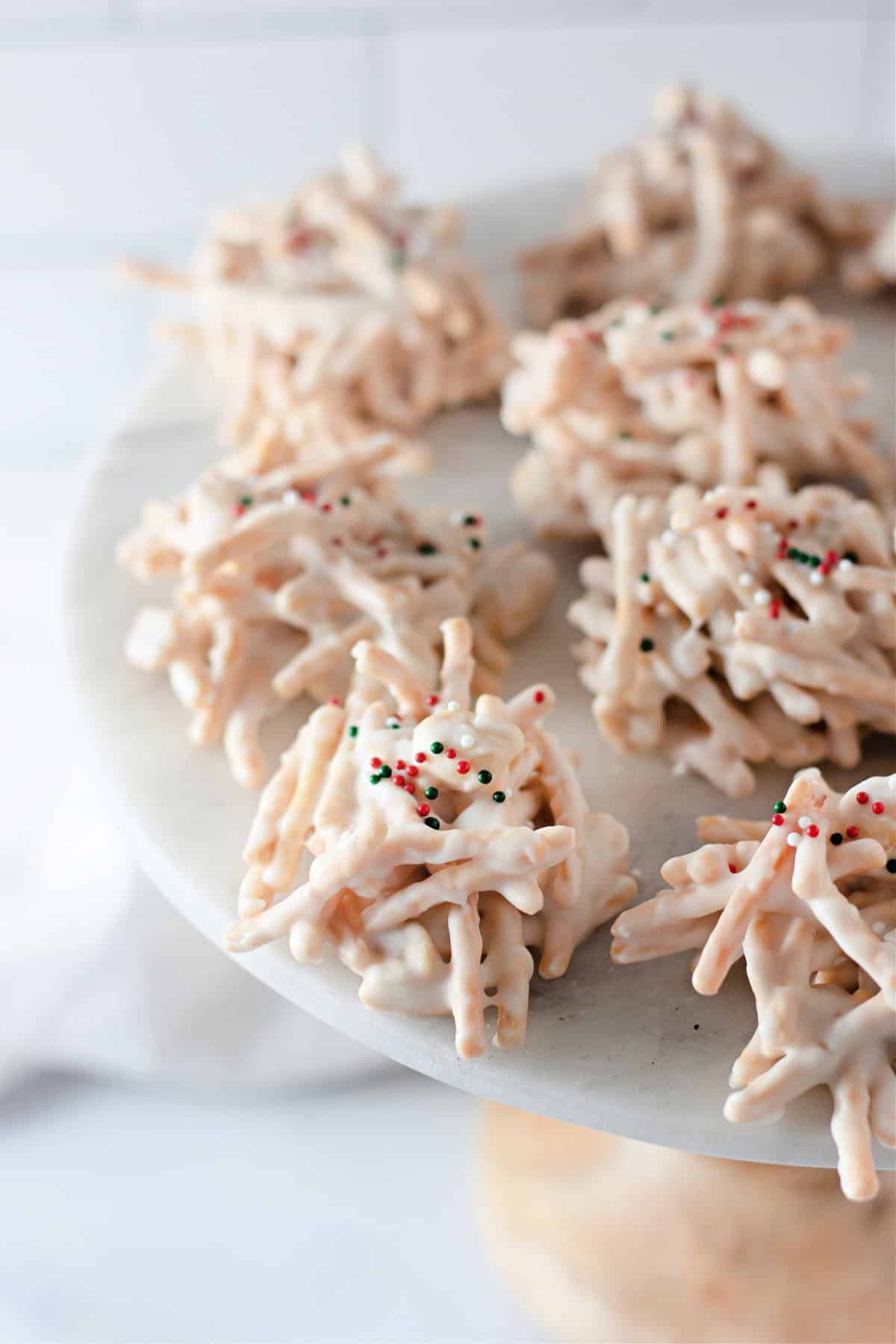 Haystack cookies on a white plate