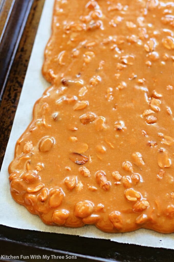 cooling the complete Homemade Peanut Brittle Recipe on a cookie sheet.