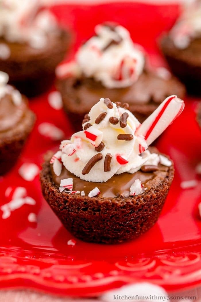 A brownie topped with sprinkles and peppermint.