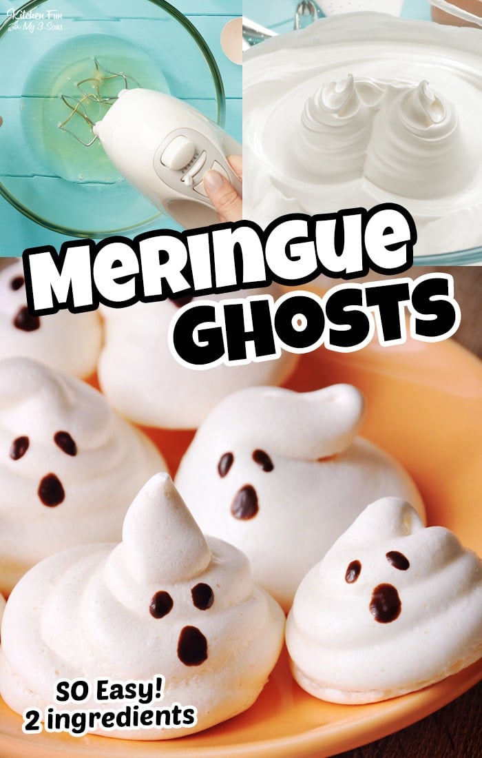 These Meringue Ghosts are so simple to make for Halloween with just 2 ingredients. Eat them alone or use them to top off a festive cupcake. #Recipes #Halloween #Dessert