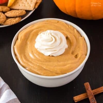 Pumpkin Pie Dip is a creamy dessert dip recipe full of delicious vanilla and pumpkin flavors. Serve this up with some fruit and cookies for a yummy Thanksgiving dessert.