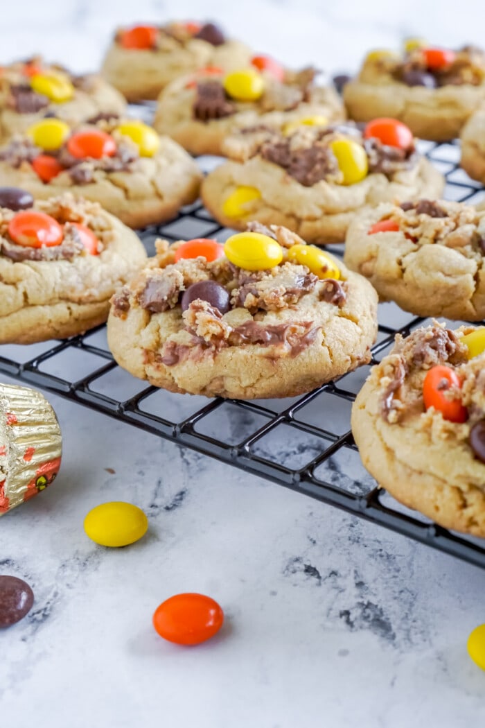 Reese's peanut butter cookies on a cooling rack