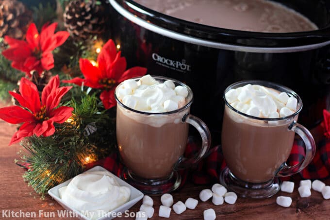 Crockpot Hot Chocolate with whipped cream and marshmallows.