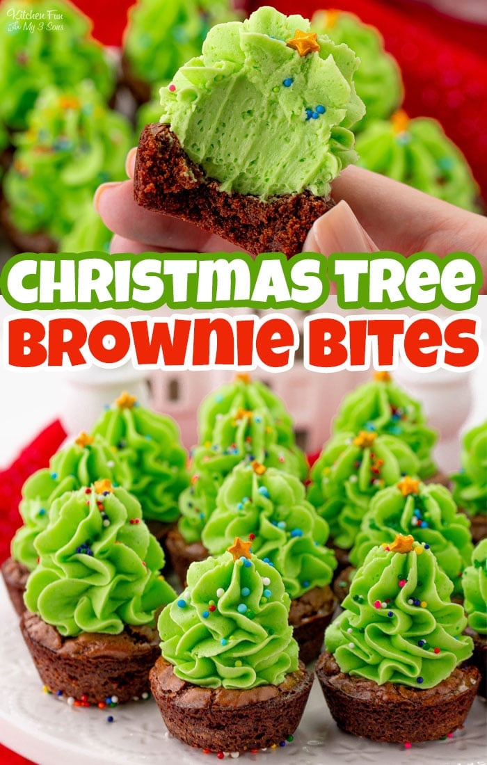 Christmas Tree Brownie Bites - adorable holiday treats are made with a box brownie mix and topped with homemade buttercream.  #Dessert #Recipes #Christmas