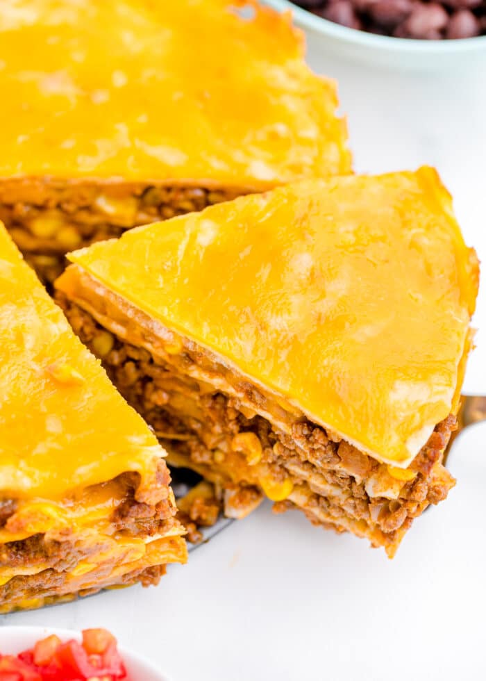 A slice of baked taco pie.