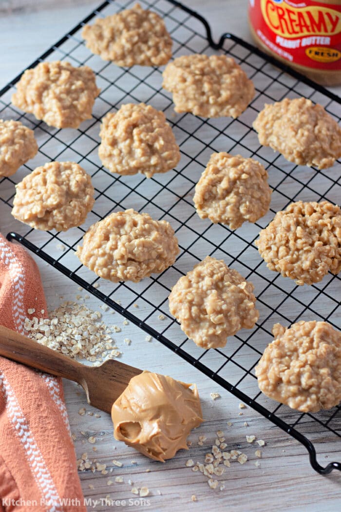 peanut butter no bake cookies on a cooling rack