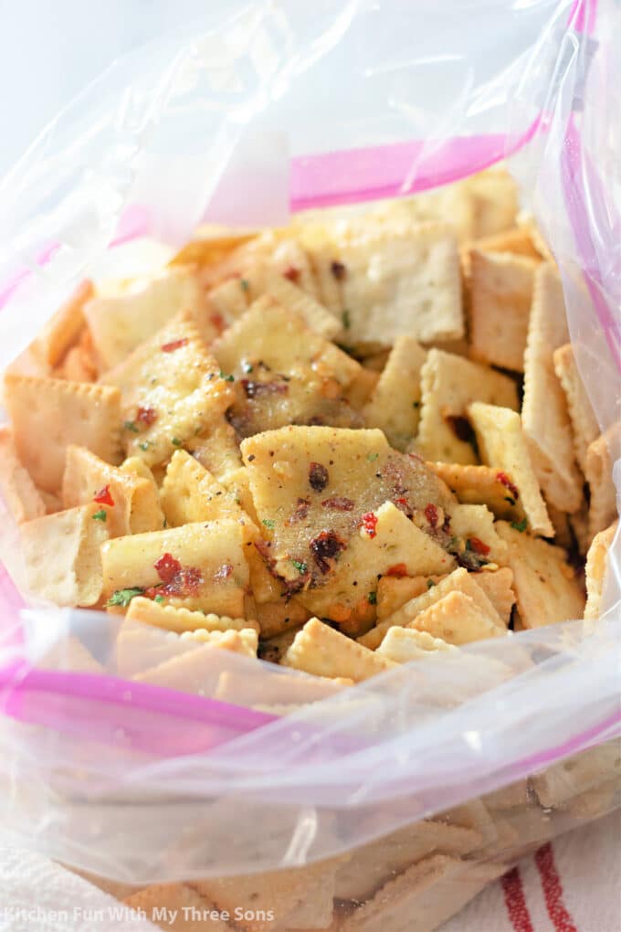 seasoned crackers in a zip-lock bag.