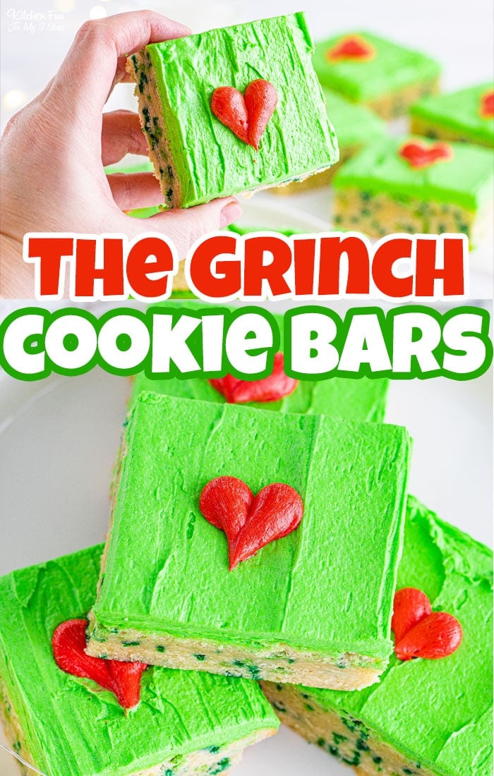 Grinch Bars are homemade sugar cookie bars with green sprinkles inside, topped with green frosting and a heart that's two sizes too small. Great Christmas dessert recipe. #Recipes #Dessert