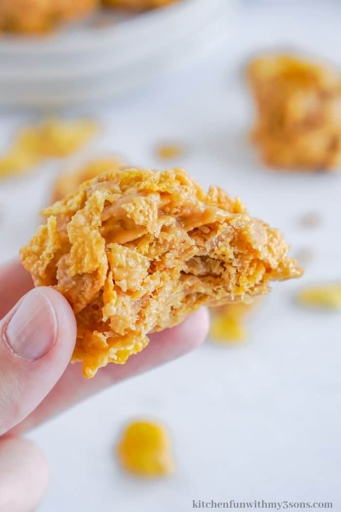 no bake cornflake cookies with a bite taken out
