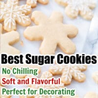 Title image for the Best Sugar Cookies featuring cut out cookies decorated like snowfakes.