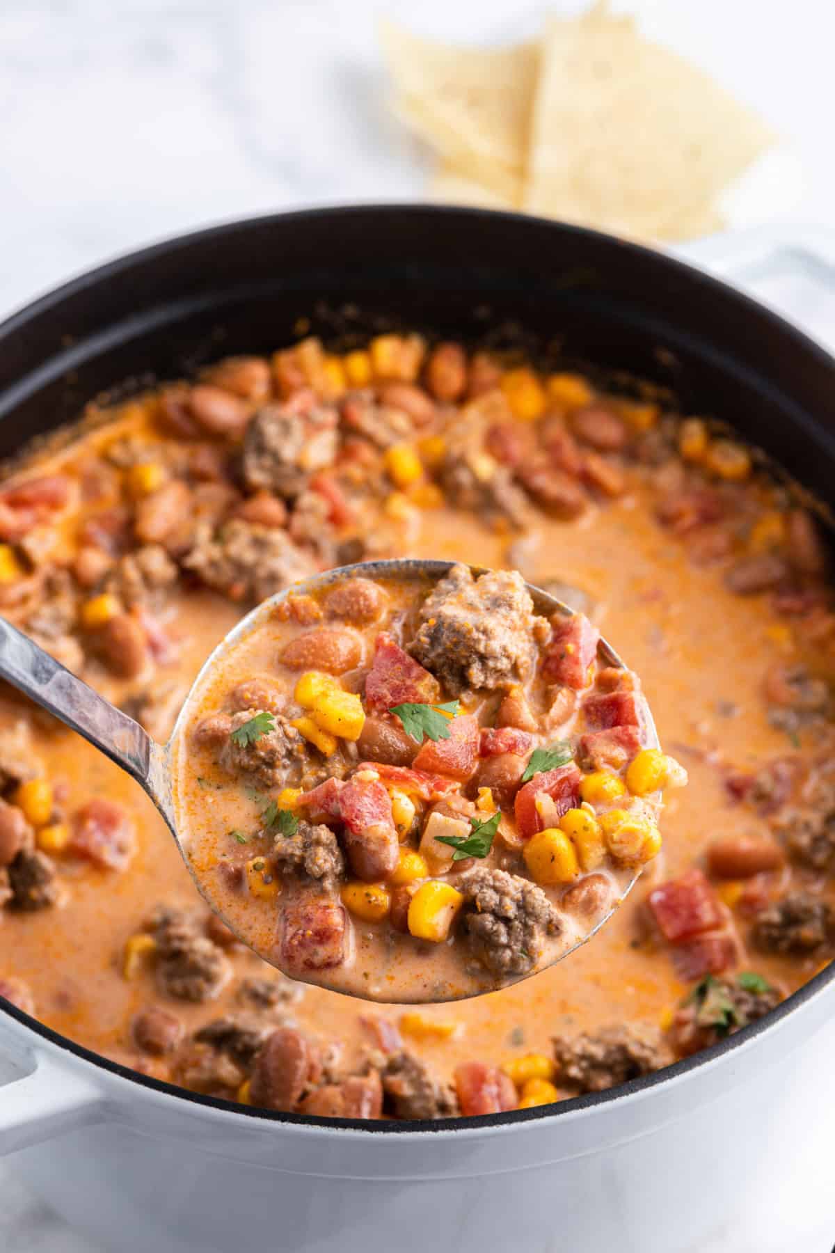 Easy Taco Soup in a pot with a ladle 