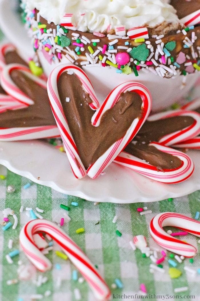 A close up of the peppermint hot cocoa chocolate hearts.