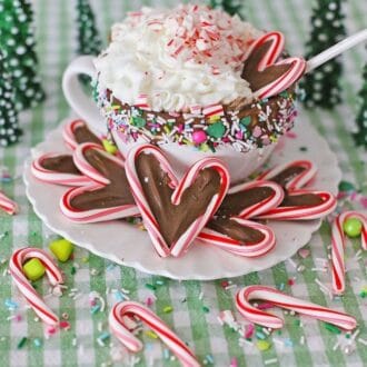A cup full of cocoa with candy hearts with chocolate.
