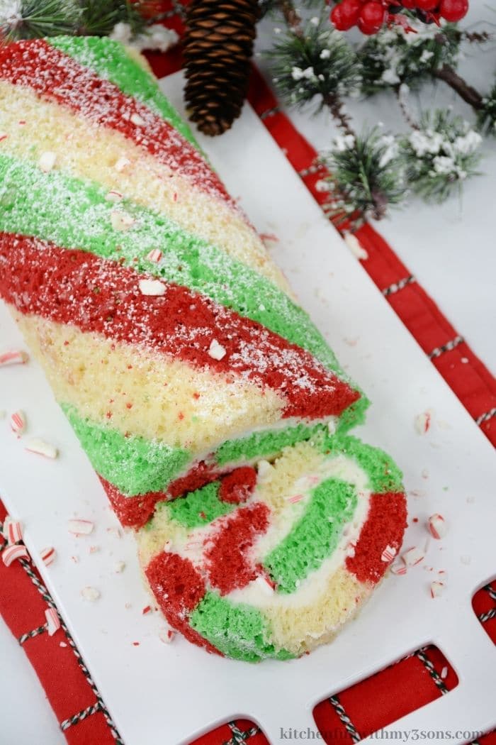 A slice of the candy cane cake roll.