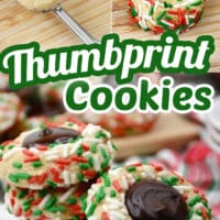 These Christmas thumbprint cookies are the perfect addition to your cookie tray with lots of festive sprinkles and creamy chocolate on top. | Christmas Cookies #Recipes #Christmas