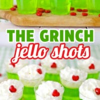 These festive and fun Grinch Jello Shots are perfect for your holiday party. Made with lime and Triple sec, topped with whipped cream and a tiny Grinch heart. #Recipes #Christmas