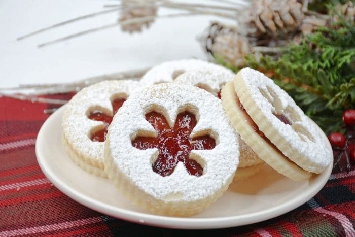 The Jammy Dodger Cookies with decorations in the back.