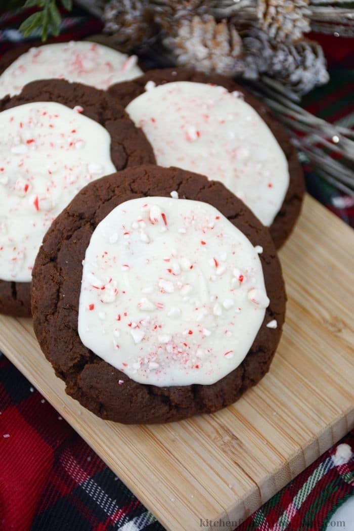 The peppermint bark cookies on a wooden board.