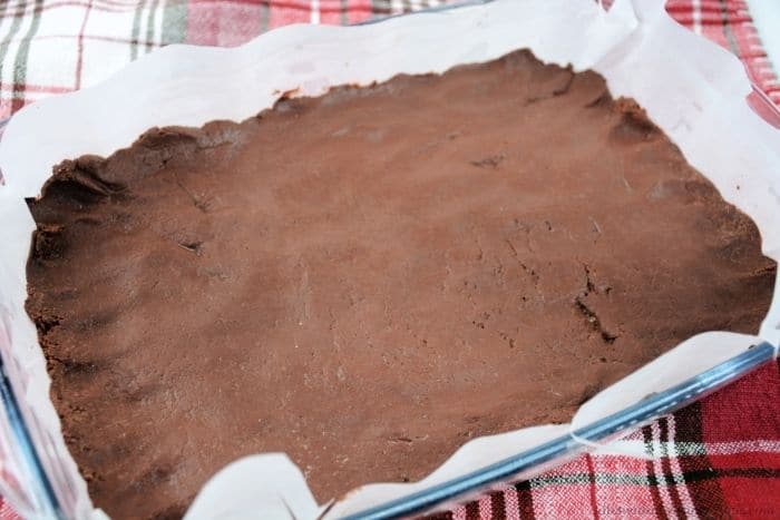 The chocolate layer in the pan.