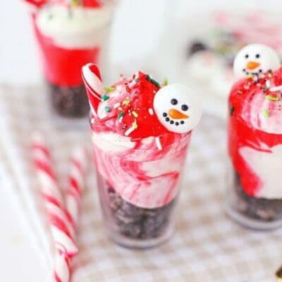 The Peppermint parfaits on a checkered cloth.