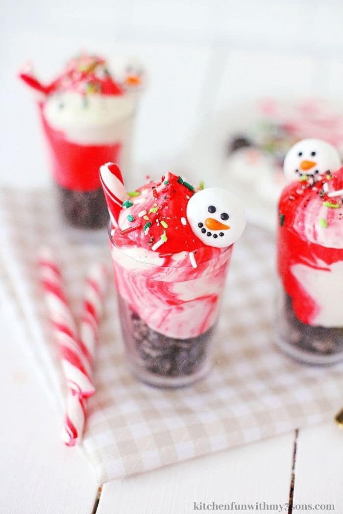 The Peppermint parfaits on a checkered cloth.