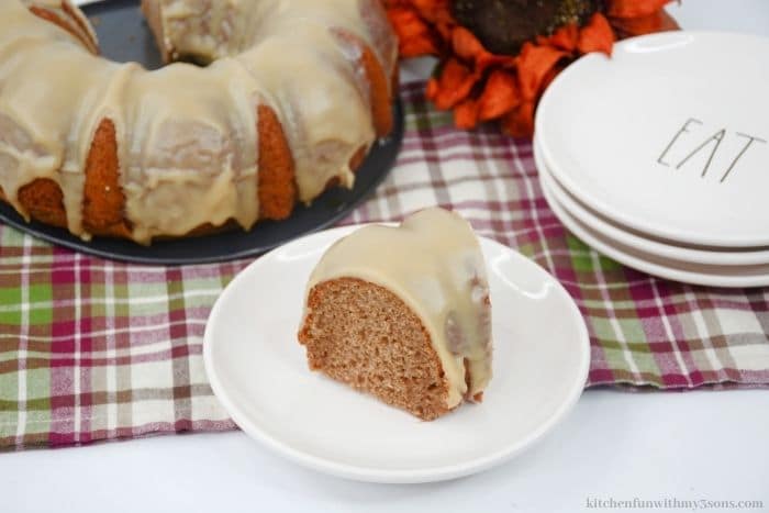The bundt cake on a white table.