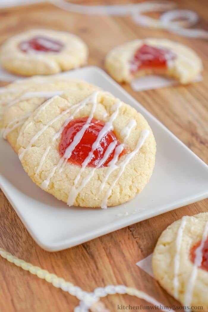 The thumbprint cookies on a serving plate.