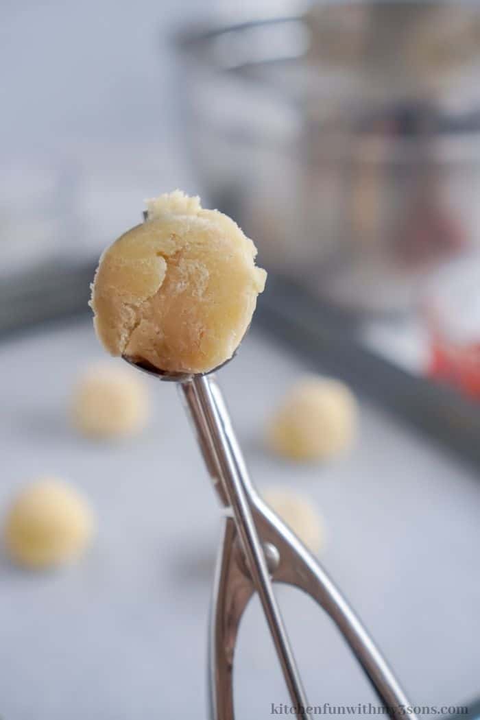 Close up of a cookie scoop filled with shortbread cookie dough.