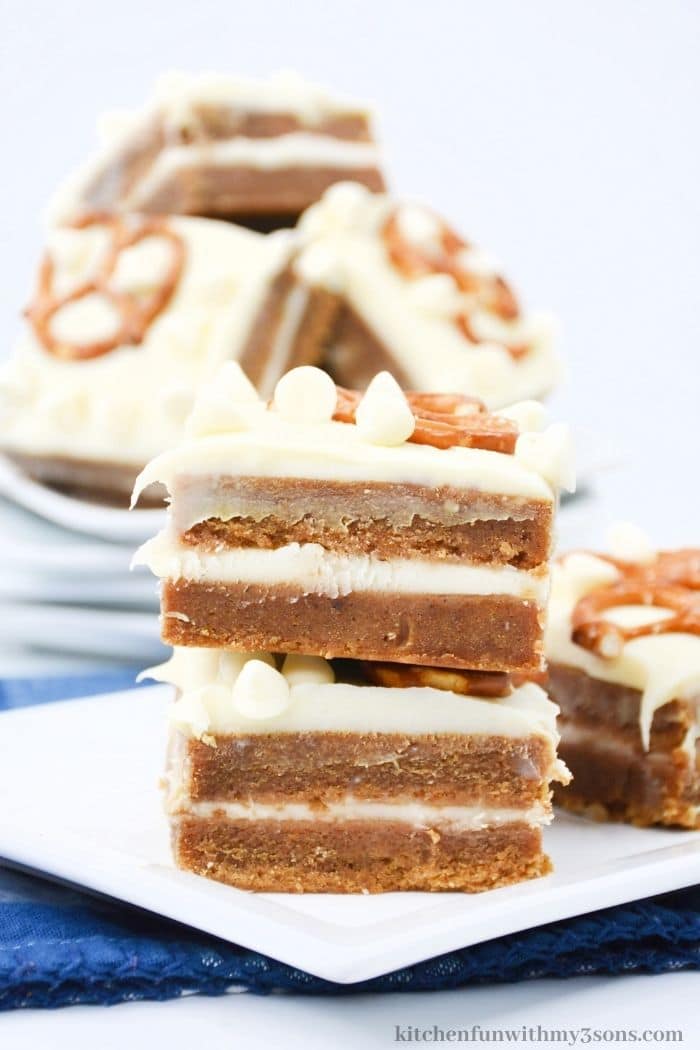 Two pumpkin bars stacked on top of each other.