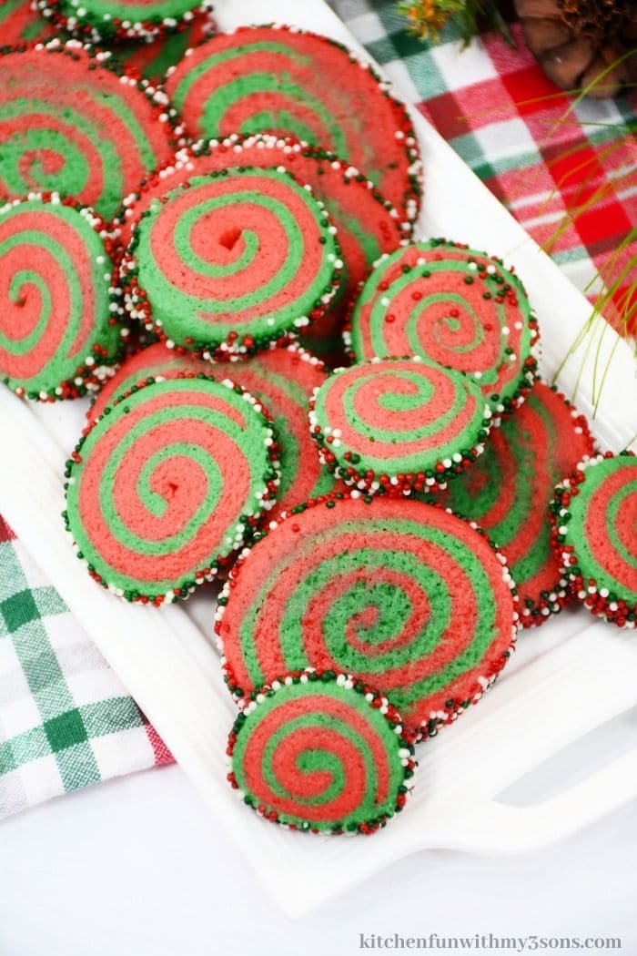 A serving platter full of the Christmas Pinwheel Cookies.