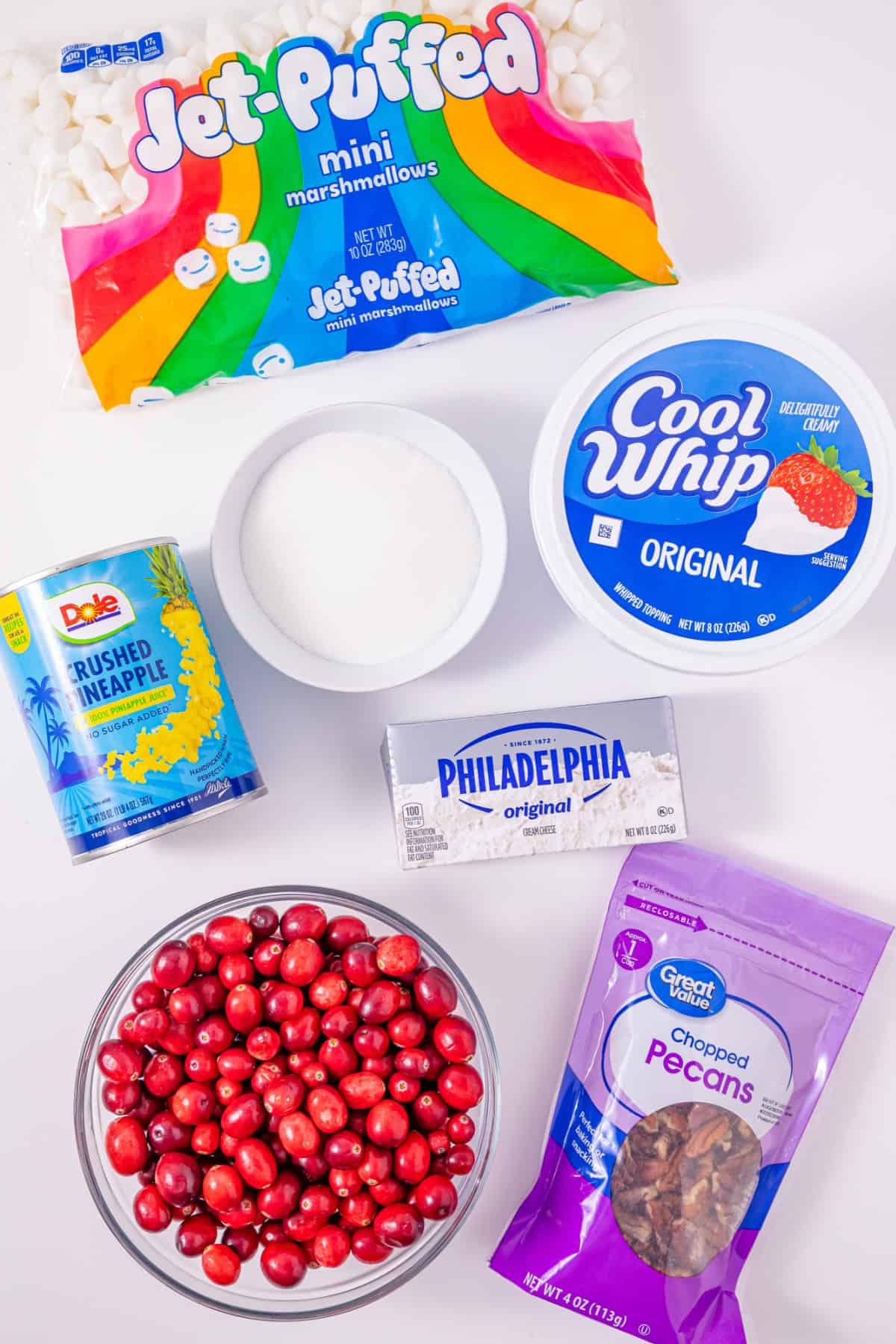 This Cranberry Fluff Salad is a blend of chopped cranberries, crushed pineapple and mini marshmallows tossed in a sweetened whipped cream cheese mixture. Ingredients for Cranberry Fluff Salad