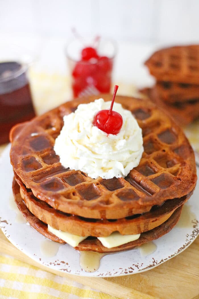The Root Beer Float Waffles topped with a cherry.