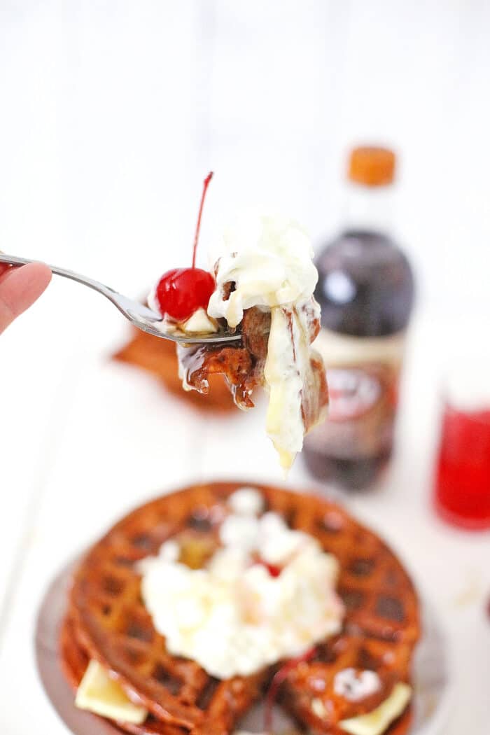 A bite being taken out of the Root Beer Float Waffles.