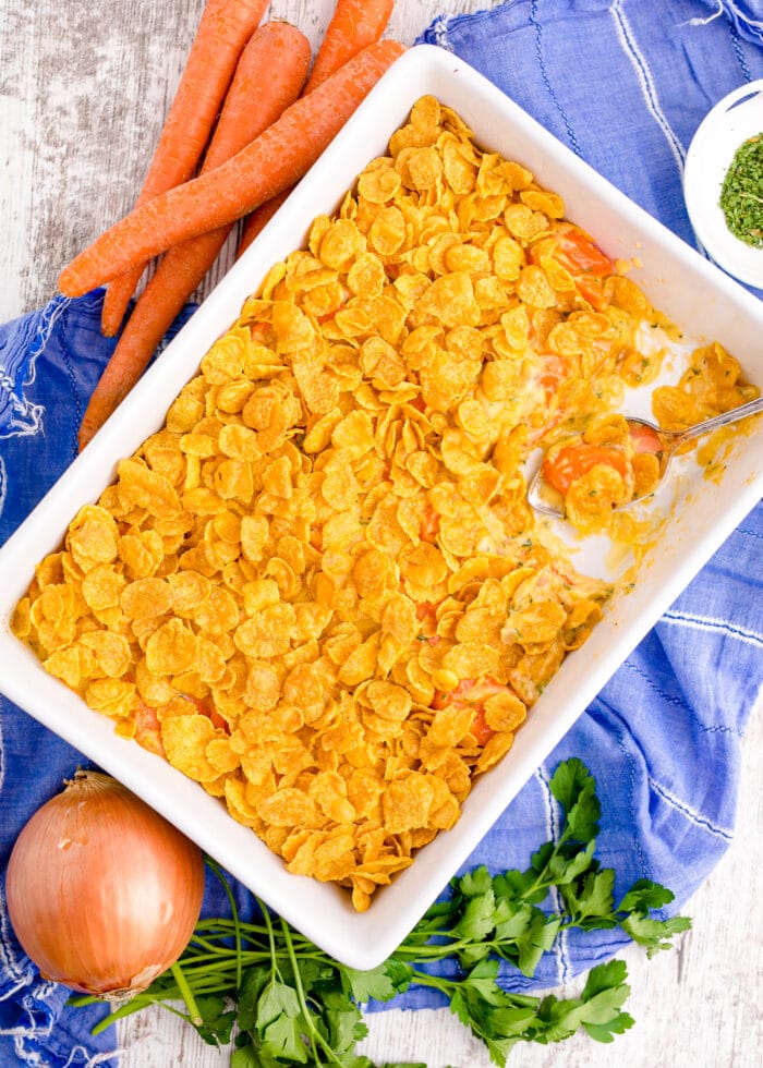 The carrot casserole in the baking dish.