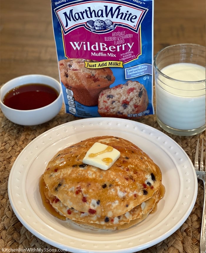 Easy 2-ingredient Muffin Mix Pancakes. Endless flavor options, super easy and totally delicious. My family loves them!