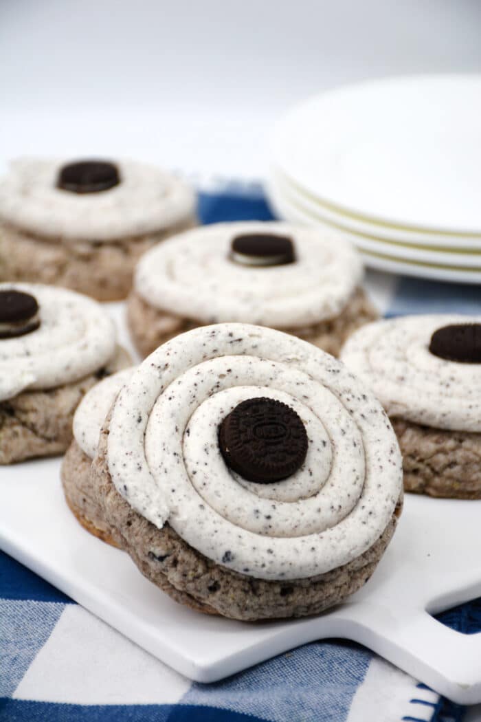 The Cookies and Cream Cookie on a white board.