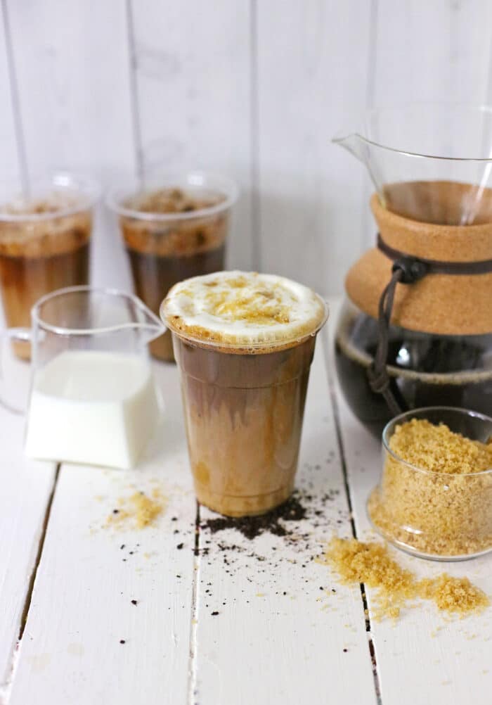 The Copycat Brown Sugar Shaken Espresso with the ingredients on the side.