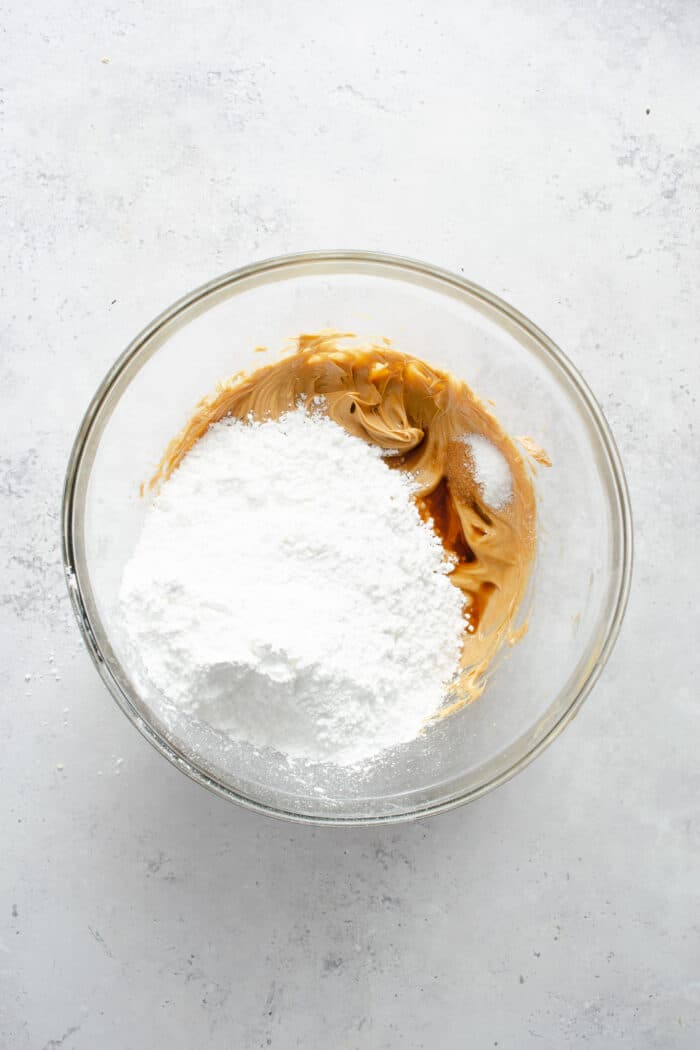 peanut butter mixture and powdered sugar in a bowl