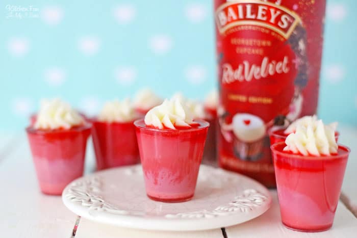 Bailey's Red Velvet Cupcake liquor as the base, topped with vanilla frosting, is a delicious Red Velvet Cupcake Jello Shot for Valentine's Day. 