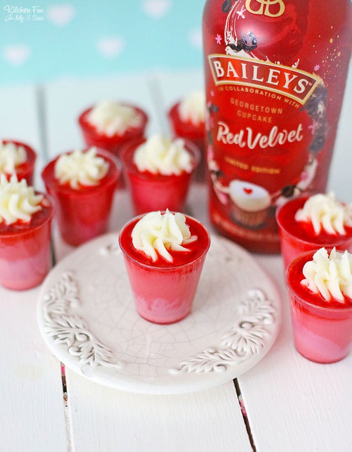 Bailey's Red Velvet Cupcake liquor as the base, topped with vanilla frosting, is a delicious Red Velvet Cupcake Jello Shot for Valentine's Day. 