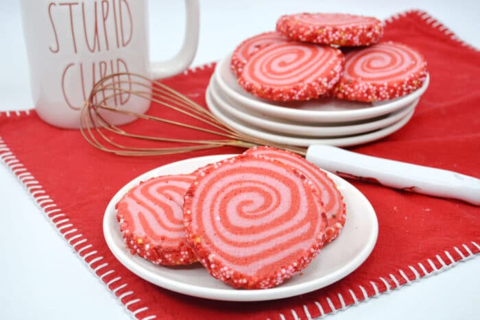 The Valentines Day Pinwheel on a white serving plate.