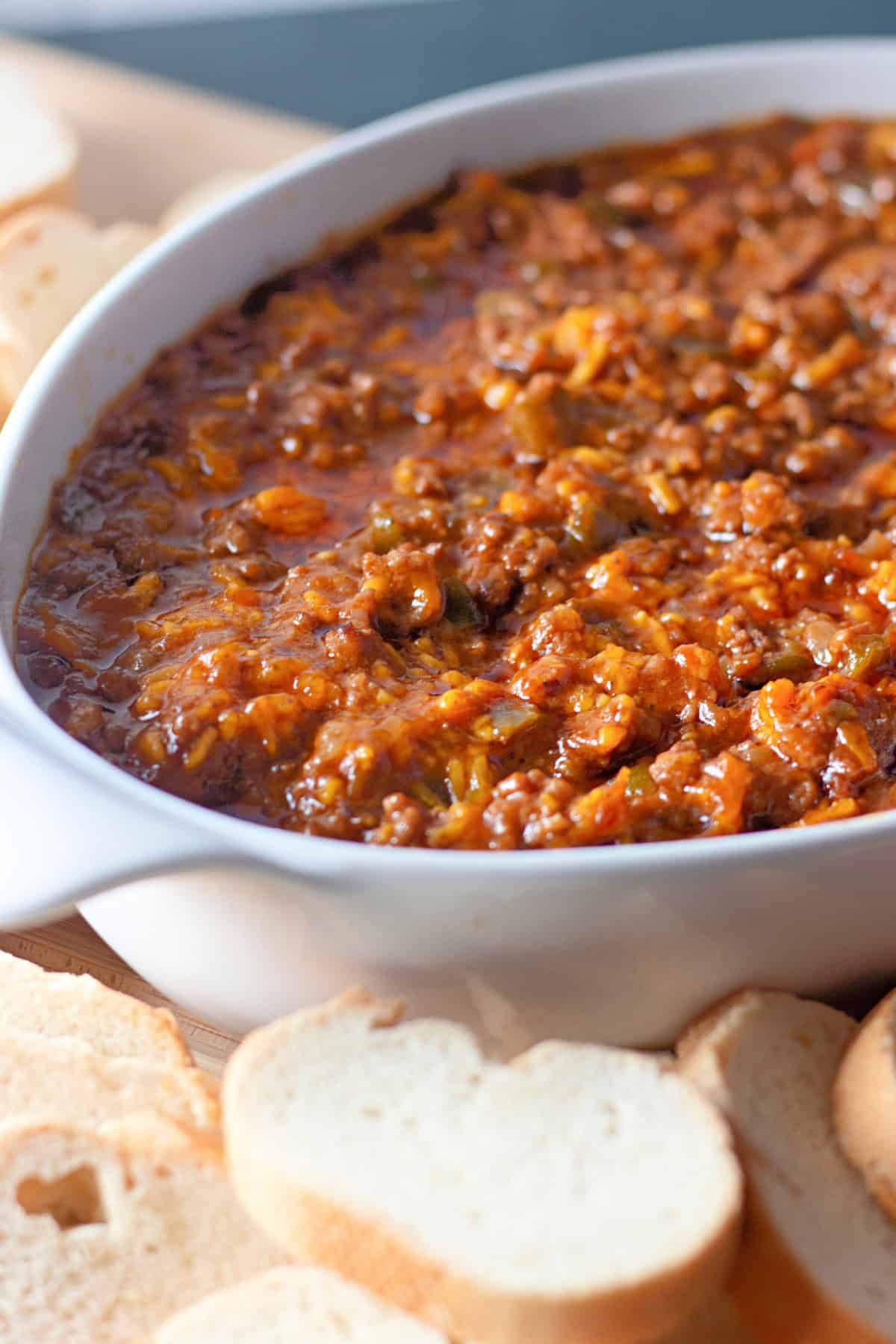 This delicious Sloppy Joe Dip is so rich and meaty, it will be the hit of any party! Sloppy Joe Dip in a serving dish